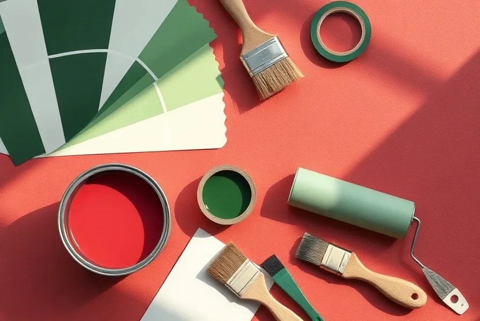 Pots de peinture, nuancier, brosses et rouleaux disposés à plat