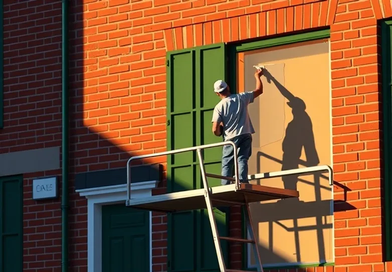 Peintre sur échafaudage traitant la façade d'une maison